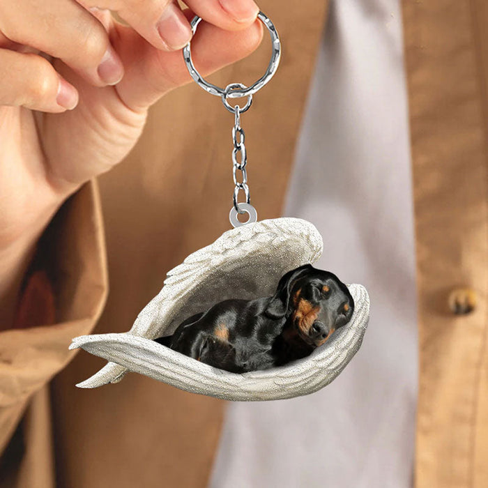 Sleeping Angel Acrylic Keychain Black and Tan Dachshund