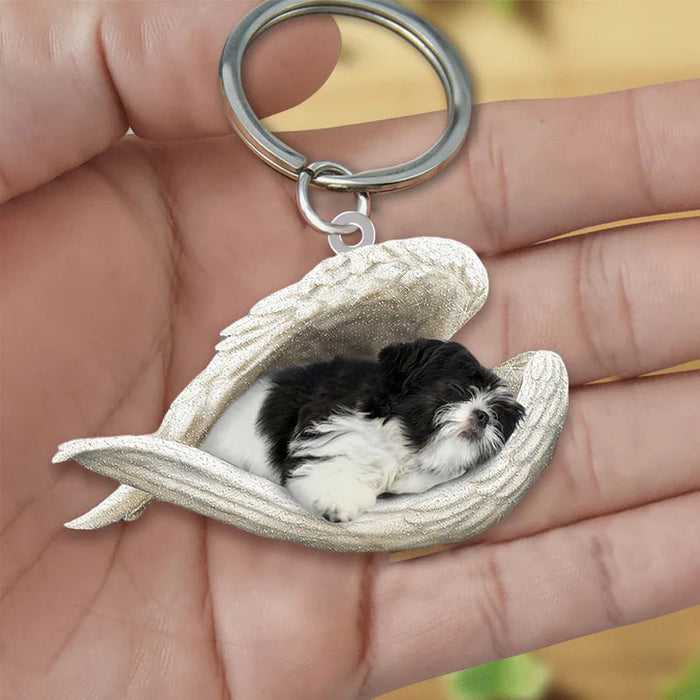 Sleeping Angel Acrylic Keychain Black and White Shih Tzu