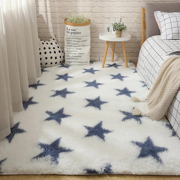 Navy Star Patterned Fluffy Area Rug