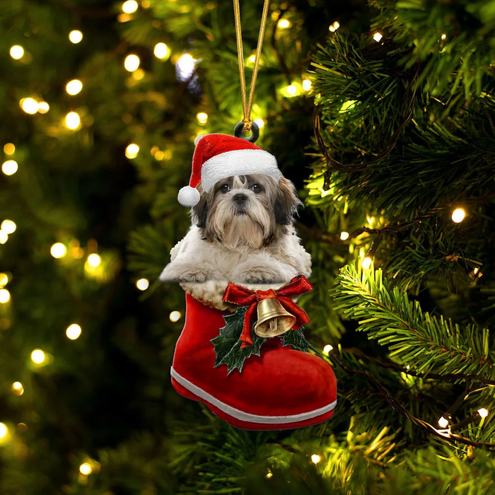 Shih Tzu Silver & White In Santa Boot Christmas Hanging Ornament SB033