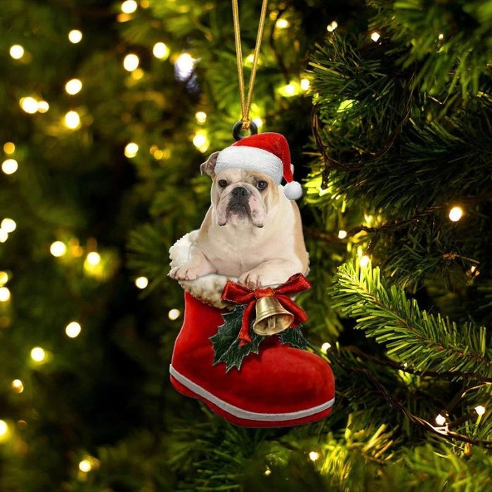 English Bulldog Fawn In Santa Boot Christmas Hanging Ornament SB184