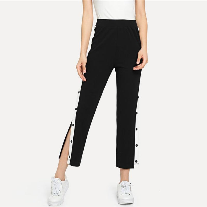 Black Colorblock Contrast Snap Button Side Pants