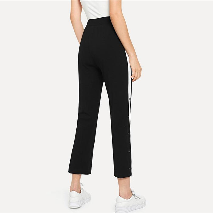 Black Colorblock Contrast Snap Button Side Pants