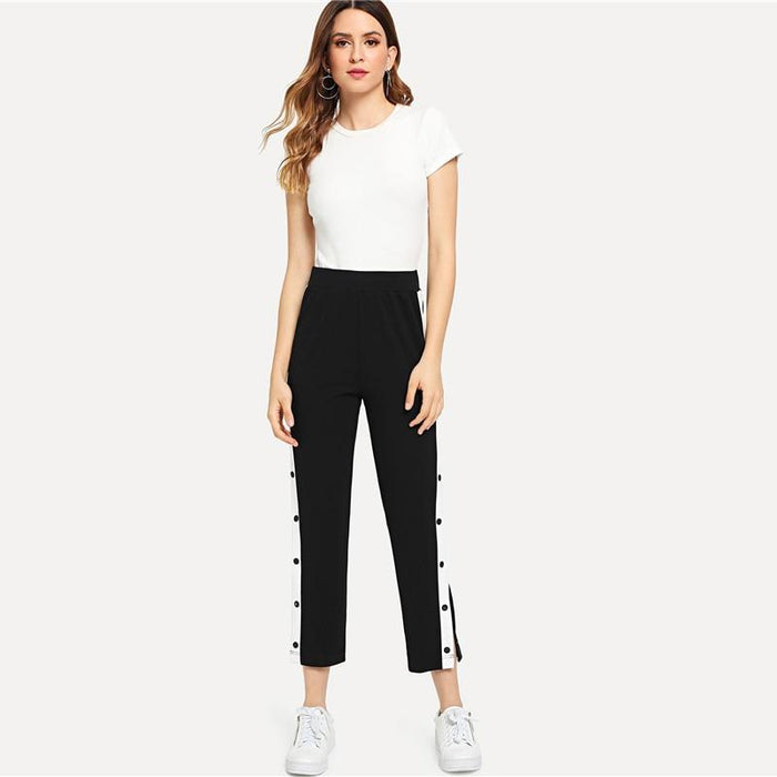 Black Colorblock Contrast Snap Button Side Pants