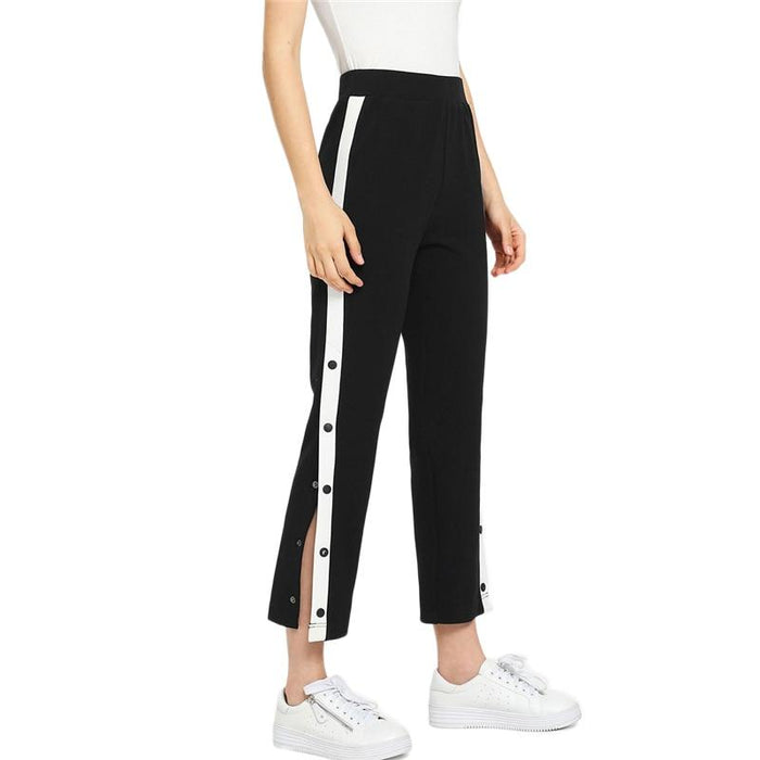 Black Colorblock Contrast Snap Button Side Pants