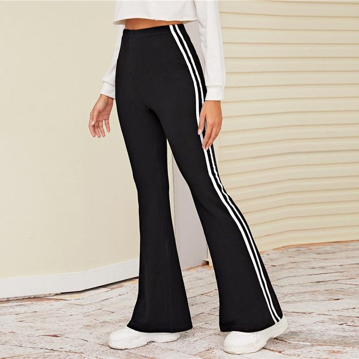 Black Striped Flare Leg Stretchy Pants