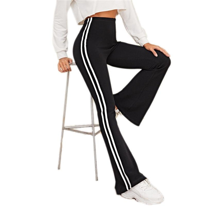 Black Striped Flare Leg Stretchy Pants