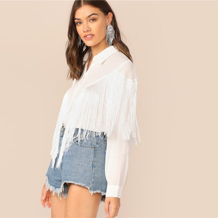 Harriet Chevron Fringe Blouse - White