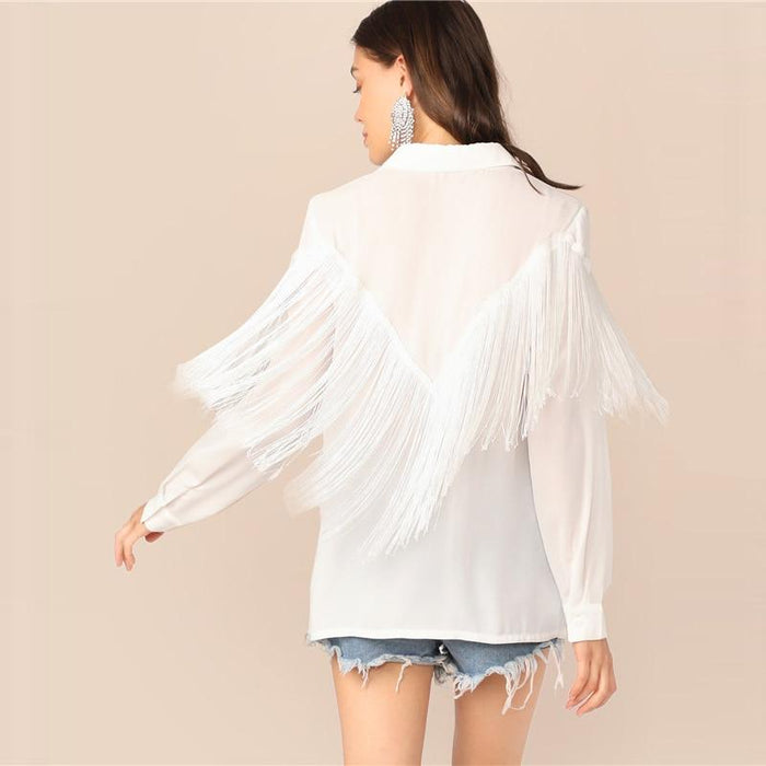 Harriet Chevron Fringe Blouse - White