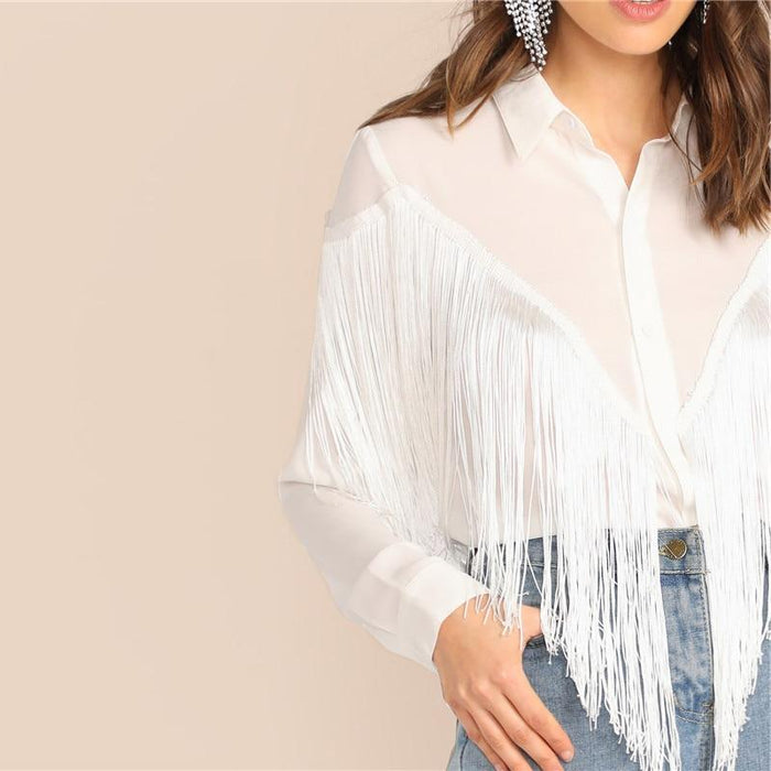 Harriet Chevron Fringe Blouse - White