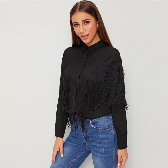 Harriet Chevron Fringe Blouse - Black