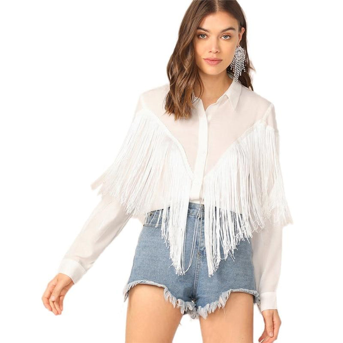 Harriet Chevron Fringe Blouse - White